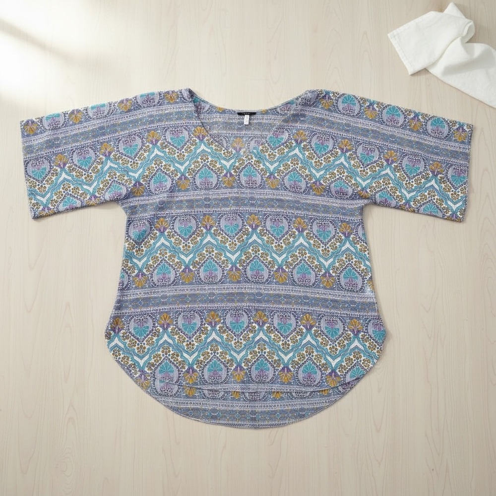 ONeill Swimsuit Cover Up Blue Purple Boho Paisley Print V-Neck Flow Top Size M/L
